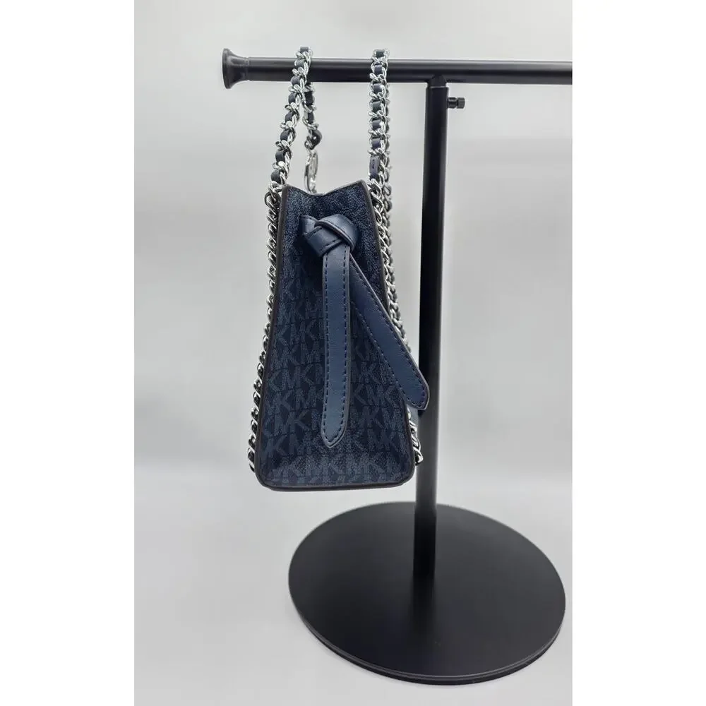 Michael Kors Mini Mina Signature Navy Convertible Chain Satchel Crossbody